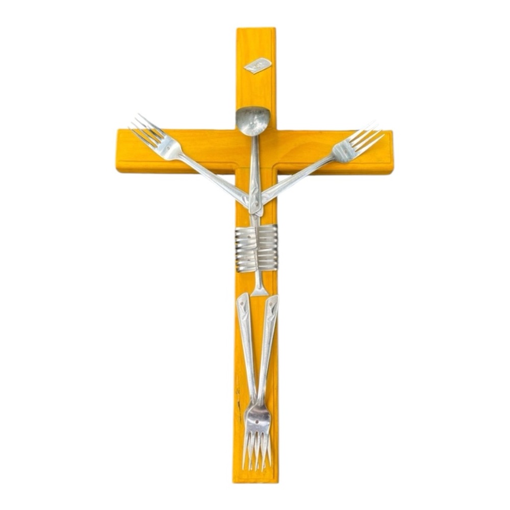 Unique Flatware Silverware Fork Spoon Cross Art Wooden Metal Wall Hanging